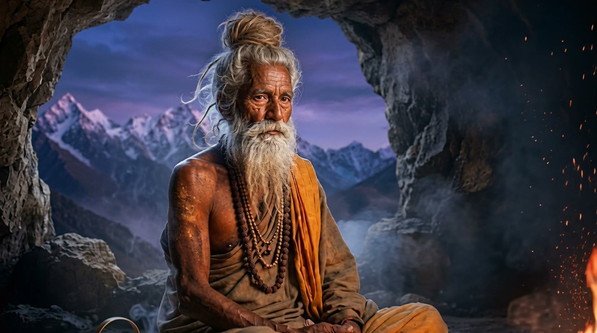 An old sage seated at the mouth of a Himalayan cave at dusk