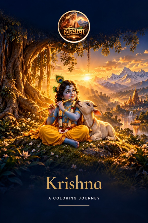 Cover of Krishna: A Coloring Journey, showing young Krishna playing the flute beside a calf