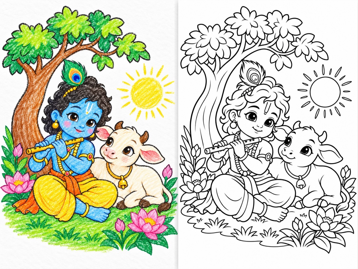 A coloured example page beside its blank outline: Krishna with a calf under a tree