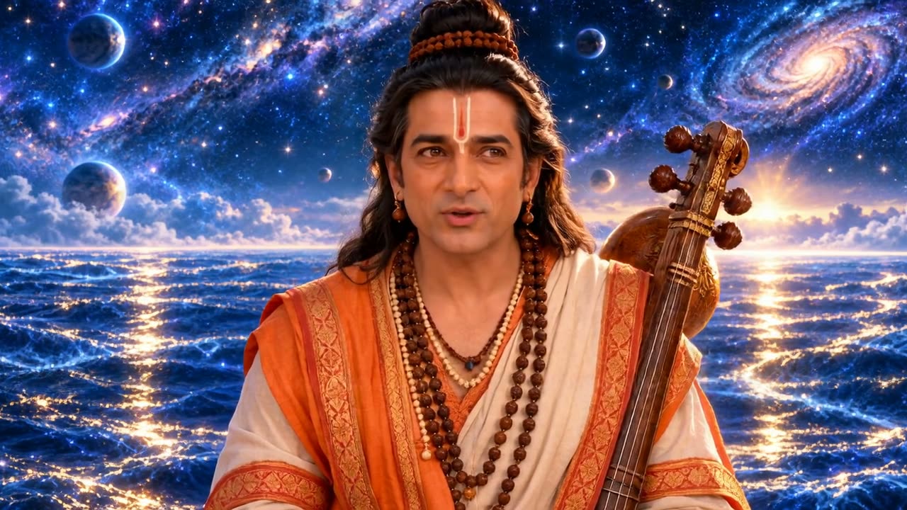 Narad Muni with his veena before a cosmic ocean